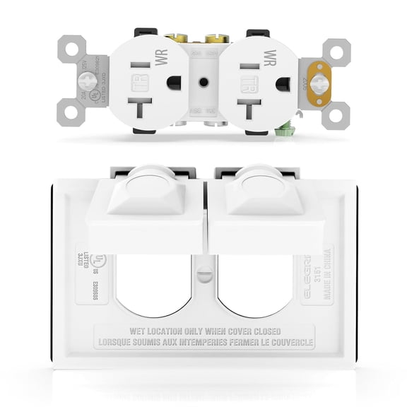 15 Amp Standard Duplex Receptacle with Horizontal Outdoor Electrical Outlet Cover, 2-Hole Weatherproof Wall Plate, TR WR Tamper Weather Resistant, Self-Grounding, UL Listed, White, 1 Pack