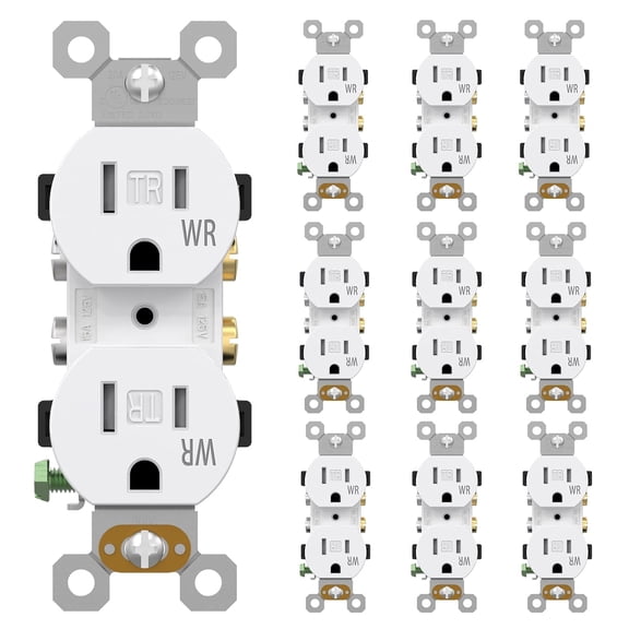 15 Amps Outlets Duplex Electrical Receptacle Outlets,Tamper Resistant & Weather Resistance Electrical Receptacle, 2 Pole,3-Wire, Self-Grounding, NEMA 5-15R,UL Listed (10 Pack, White)