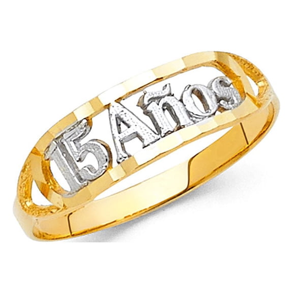 15 Anos Ring 14k Yellow White Gold Quinceanera Sweet 15 Birthday Band Fancy Two Tone 6MM Size 8