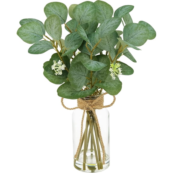 15" Artificial Euc Stems in Glass Vase with Faux Water, Fake Plant Leaves for Bathroom Centerpiece Table Kitchen Farmhouse Wedding Home Greenery Dcor, Green