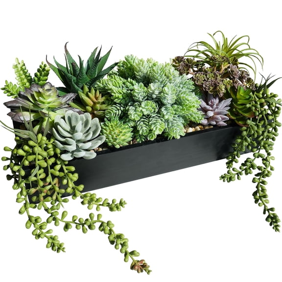15" Artificial Succulent Arrangement Black Wooden Planter Box Home Decor