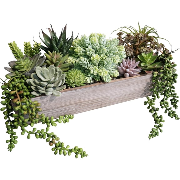 15" Artificial Succulents Plants Arrangement Fake Succulent Plants in Whitewashed Rectangular Wooden Planter Box Faux Potted Plant Decor for Home Windowsill Shelf Farmhouse Table Centerpiece