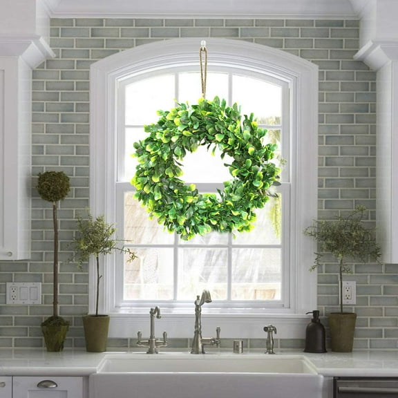 15" Artificial Wreath, White Lysimachia Door Knocker Garland Pendant, Round Simulation Field Leaf Ring for Front Door & Home Decor, Hanging Artificial Flower Decoration