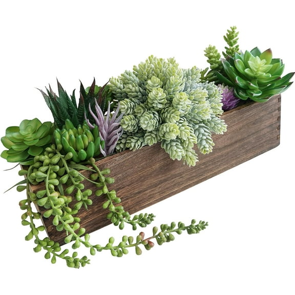 15" Assorted Artificial Succulent Arrangement Assorted Succulents in Rectangular Wooden Planter Faux Potted Plant for Farmhouse Table Centerpiece Windowsill Shelf Desk Mantel Greenery Dcor