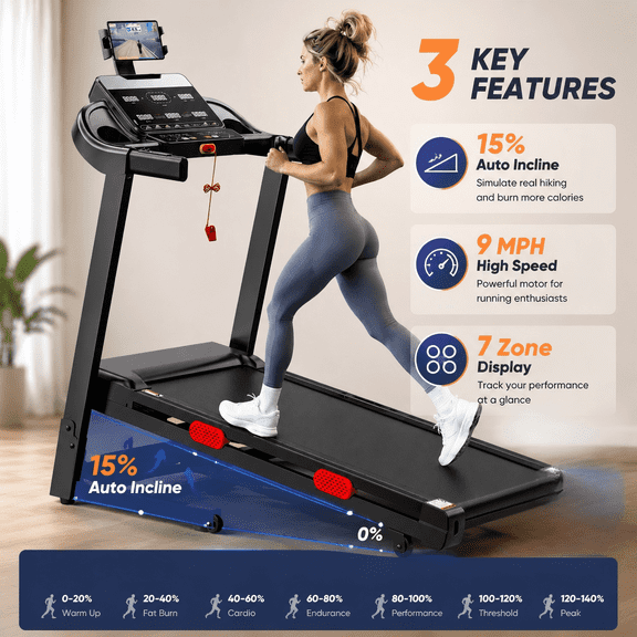 15% Auto Incline Treadmill, 0.6-9 MPH Speed, 105 Preset Programs, Folding Treadmill w/ Heart Rate Monitor & Tablet Holder, Heavy Duty Running Treadmills for Home, Supports Up to 350 LBS
