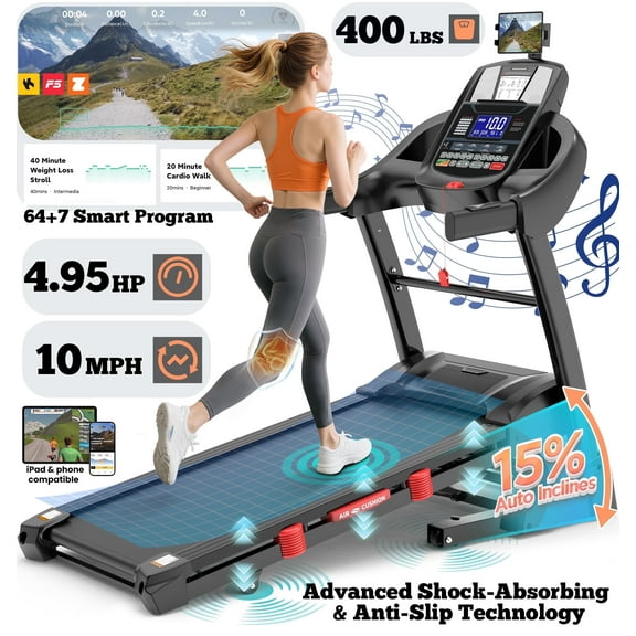 15% Auto Incline Treadmill, 4.95HP Folding treadmill 300-400lb Capacity, 71 Smart Program, 10MPH Fast Speed, APP Control for Personalized Workout, Jogging Walking Home Treadmill w/ HiFi Speakers