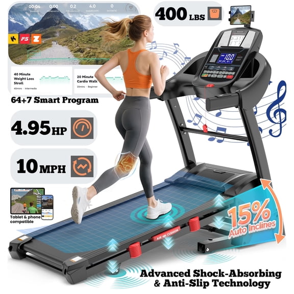 15% Auto Incline Treadmill, 4.95HP Folding treadmill 300-400lb Capacity, 71 Smart Program, 10MPH Fast Speed, APP Control for Personalized Workout, Jogging Walking Home Treadmill w/ HiFi Speakers