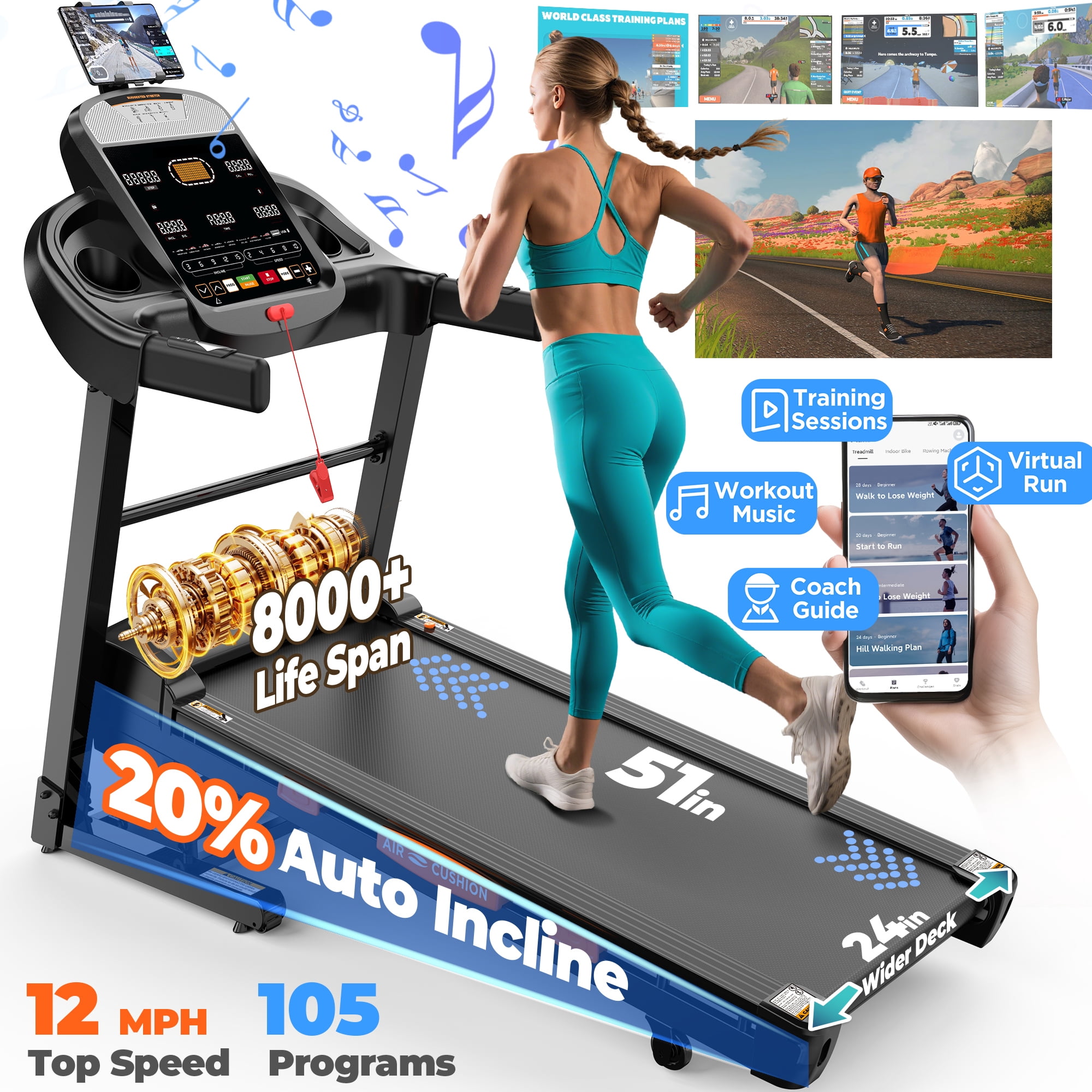 Treadmill Programmes 4.75HP Folding Treadmill 300-400lb Capacity with 15% Auto Incline, 64+3 ...
