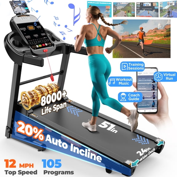 4.75HP Folding Treadmill 300-400lb Capacity with 15% Auto Incline, 64+3+3+1 Smart Program, 10MPH Fast Speed, APP Control, Walking Running Home Treadmill