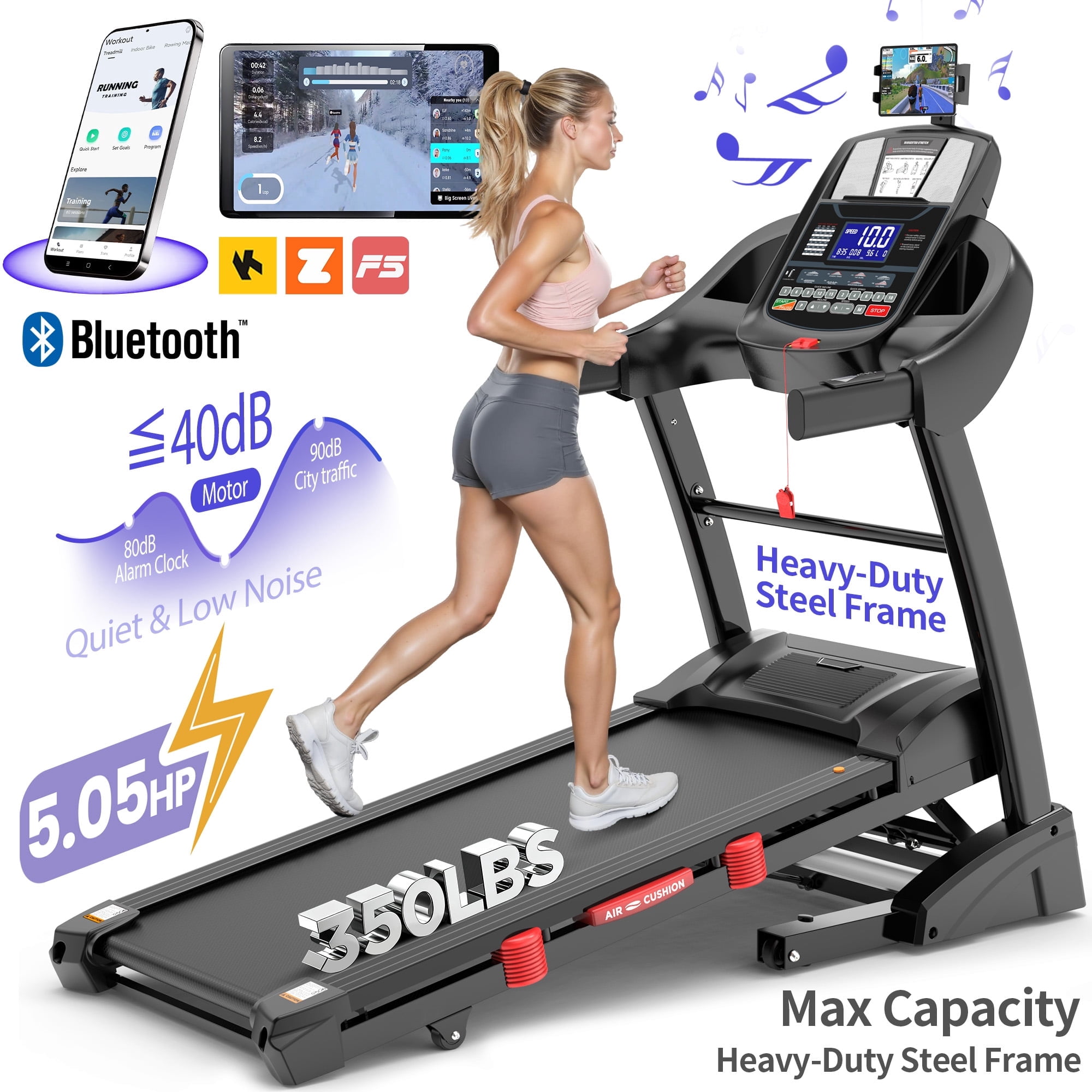 15 % Auto Incline Treadmill, 5.05HP Foldable Treadmill for Home 300Lbs Capacity, Interactive Workouts Via App, 64+7 Programs, Thickened Dual-layer Deck, Portable Treadmill Machine for Walking Running