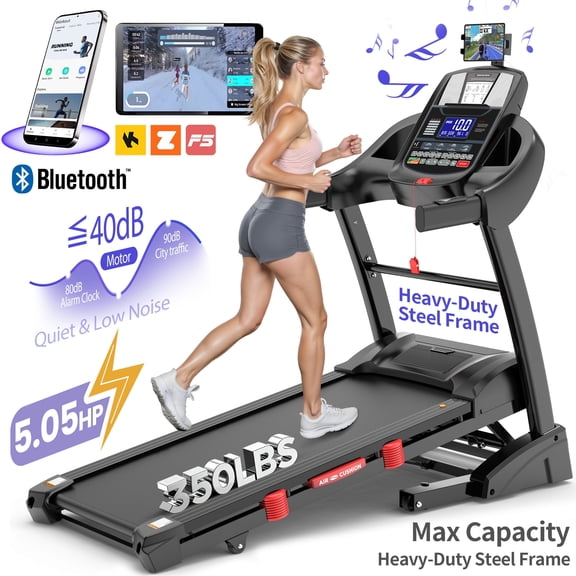 15 % Auto Incline Treadmill, 5.05HP Foldable Treadmill for Home 300Lbs Capacity, Interactive Workouts Via App, 64+7 Programs, Thickened Dual-layer Deck, Portable Treadmill Machine for Walking Running