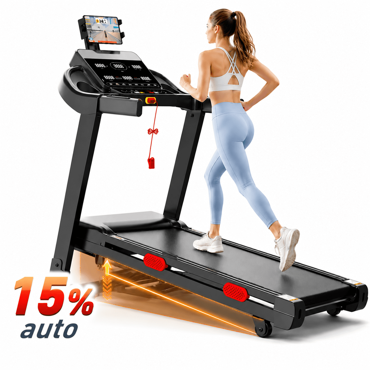 15% Auto Incline Treadmill w/ 300-330Lbs Capacity, 9MPHTreadmill for Home, 3.85HP Electric Treadmill, Foldable Exercise Equipment w/ 105 Programs,APP Connection,6 Screens, Dual Bluetooth Speaker