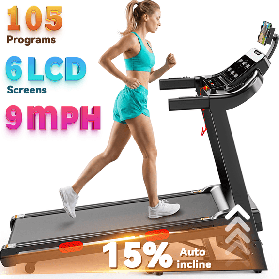 15% Auto Incline Treadmills for Home, 5-in-1 3.7HP Foldable Treadmill, Portable Running Treadmill with Handle & 6 LCD Screen, Walking Pad Treadmill, 105 Programs, APP Control with Immersive Running
