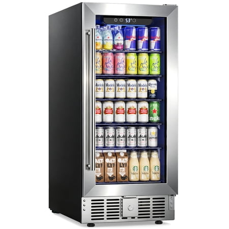15" Beverage Cooler - 2.9 Cu.Ft Built-in or Freestanding Soda & Beer Fridge with Digital Touch Control, Stainless Steel Glass Door & Security Lock,Silver