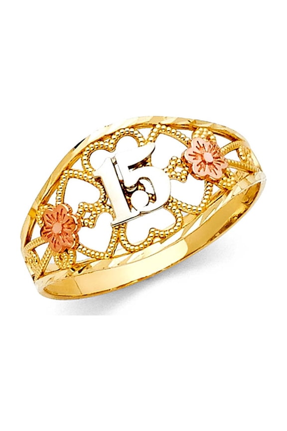 15 Birthday Hearts & Flower Ring 14k Yellow White Rose Gold Quinceanera Tapered Band 11MM Size 7.5