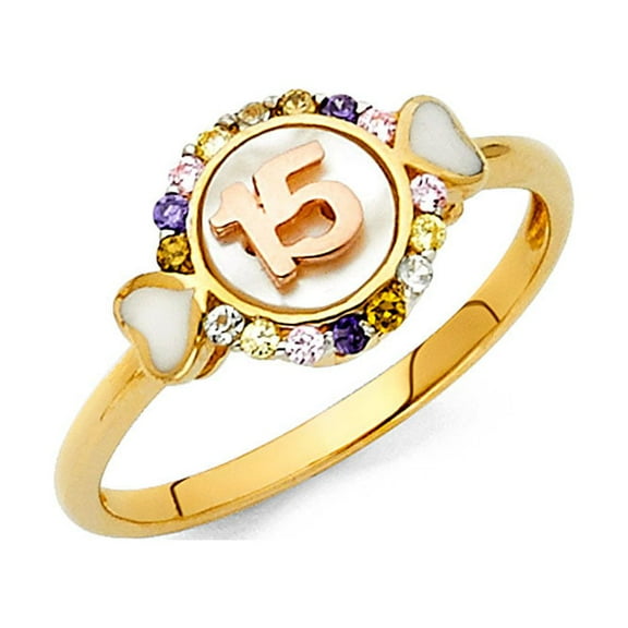 15 Birthday Ring Solid 14k Yellow Rose Gold Quinceanera Hearts Band Multi Color CZ Two Tone , Size 7