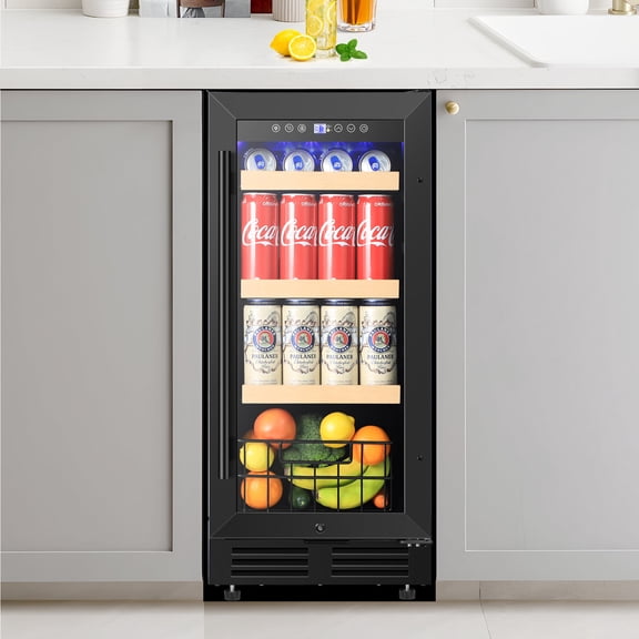 15" Black Beverage Refrigerator 130 Can Built-In/Freestanding Beer Cooler Fridge With Basket And Reversible Hinge