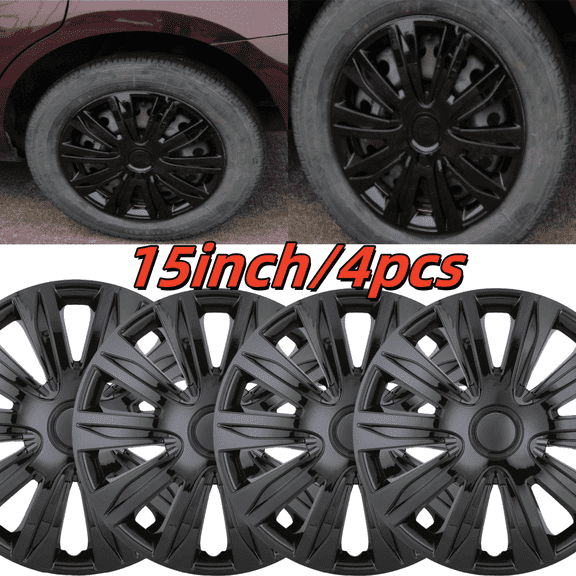 15" Black Hubcaps/Wheel Covers for Most Cars,Set of 4 Snap on Car Truck SUV Hub Cap,ABS Material