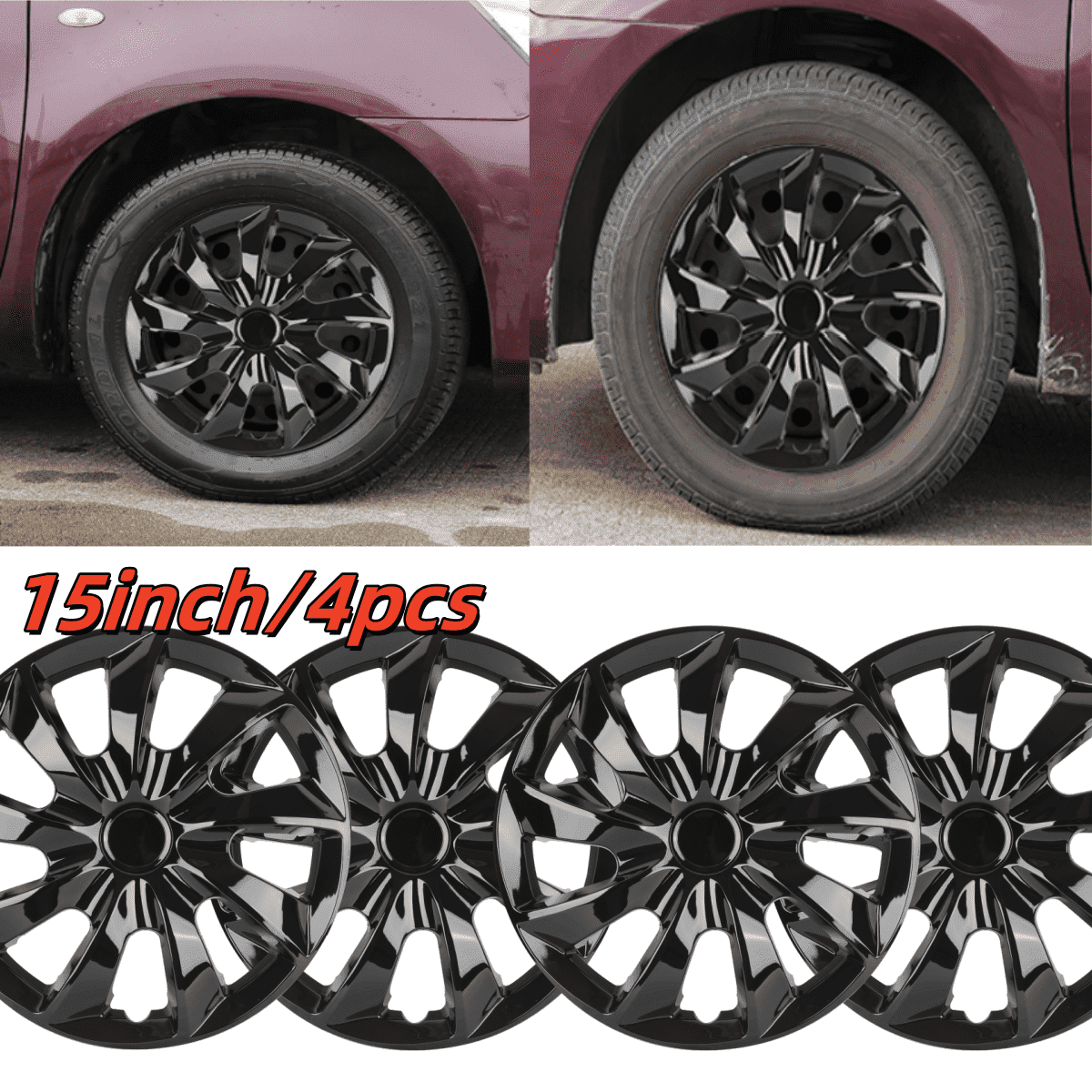 15" Black Hubcaps/Wheel Covers for Most Cars,Set of 4 Snap on Car Truck SUV Hub Cap,ABS&PC Material