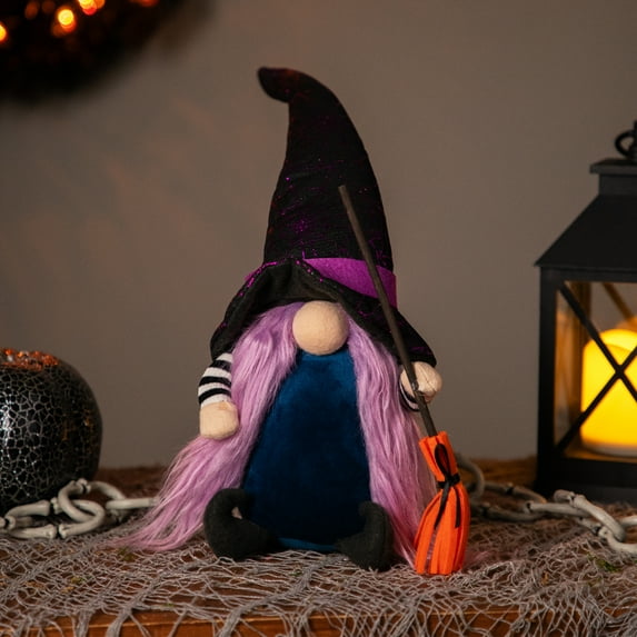 15" Black and Purple Halloween Gnome Witch with Broom