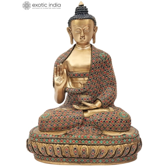 15-inch Blessing Lord Buddha with Colorful Inlay Work - Handmade Brass Statue