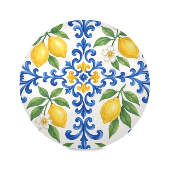 15" Blue Tile Lemon Motif Printed Round Placemats Set of 1 Heat Resistant Table Mat for Kitchen for Party Deco