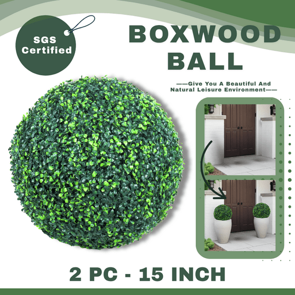 15" Boxwood Balls Topiary Ball Set of 2 Artificial Boxwood Topiary Ball All-Year Green UV-Resistant Faux Topiary Balls for Outdoor and Indoor Decoration-Assembly Required