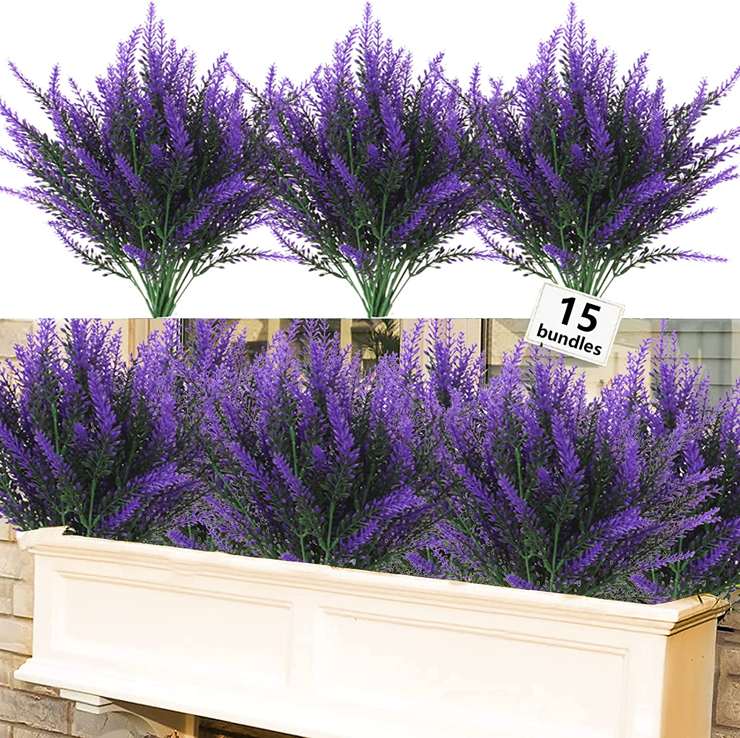 15 Bundles Artificial Flowers for Outdoors UV Resistant Fake Lavender