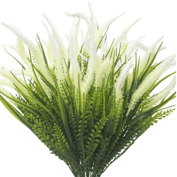 15 Bundles Artificial Plants Outdoor Fake Grass with Flowers UV Resistant Greenery Garden Porch Window Box Decorating (White)