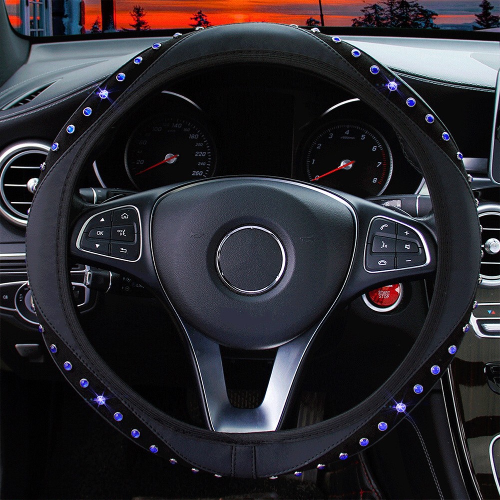 15\'\'Car Steering Wheel Cover Leather Bling Rhinestones Accessories