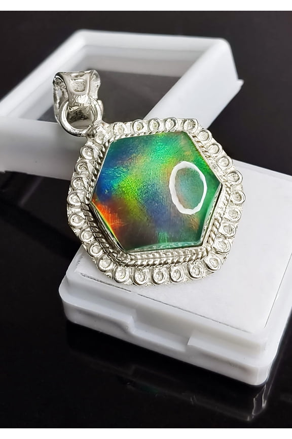 15 Carat Ethiopian Fire Opal Hexagon Cut Sterling Silver Handmade Pendant