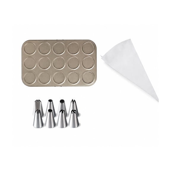 15 Cavity Carbon Steel Baking Sheet,Baking Mat Macaron Set with Piping Bag+Mouth