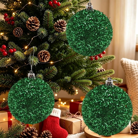 15 Centimeter Large Green Glitter Christmas Ball Ornament, Sparkly Fluffy Hanging Ball for Christmas Tree, Wreath, Holiday Parties Decoration