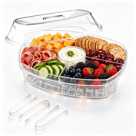 15" Chilled Serving Tray with Lid 3-Tier Fruit Platter for Party Veggie Tray with 4 Compartments Cold Food Buffet Ice Serving Tray Shrimp Cocktail Serving Dish