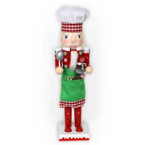 15" Christmas Chef Themed Wooden Nutcracker Christmas Decoration Hand painted with Apron, Chef Hat, Spoon and sweets. Lighthearted Christmas dcor for display collectors or gifting.