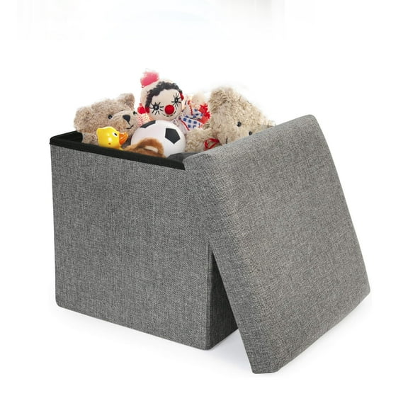 Furrygo 15" Collapsible Srorage Ottoman Cube - Linen Small Ottomans Storage Footrest, Folding Toys Chest for Kids, Gray