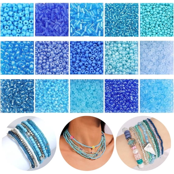 15 Color 4mm Small Assorted Glass Seed Beads,3mm Bugle Beads Friendship Bracelet Kit,2mm Tiny Tube Beads for Jewelry Making(Blue Bead)
