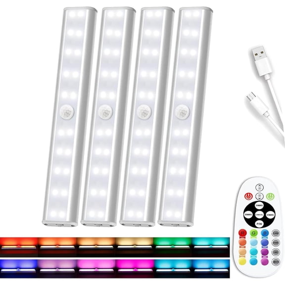 15-Color RGB Under Cabinet Lighting, Wireless Rechar able Closet Lights, 48-LED Super Bright Night Light with Remote,10-Level Dimming & 3 Timer, Under Counter Lights for Kitchen,Stairs (4 Pack)