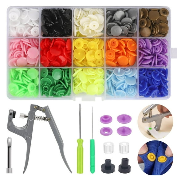 15 Color Snap Fastener Kit, EEEkit 150pcs Plastic Buttons Fastener with Pliers and Setting Tools for Craft Sewing Art