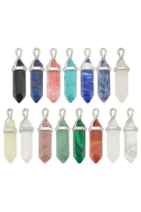 15 Colors 30Pcs Natural Stone Charms Hexagonal Pendant Pointed Quartz Stone Gemstone Dangle Pendant Earring Necklace Jewelry Making