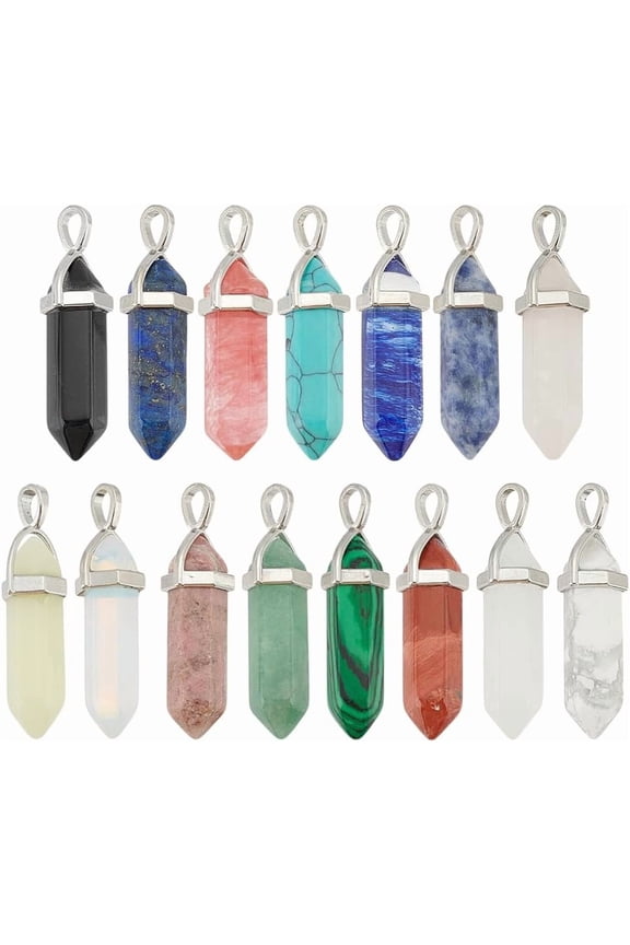 15 Colors 30Pcs Natural Stone Charms Hexagonal Pendant Pointed Quartz Stone Gemstone Dangle Pendant for DIY Earring Necklace Jewelry Making for DIY
