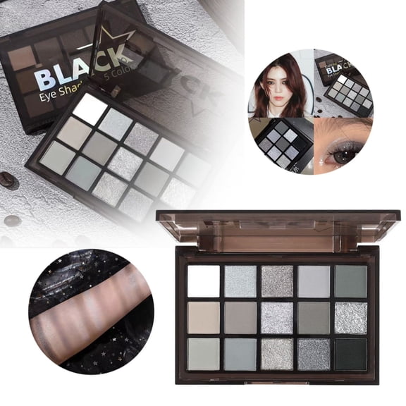 15 Colors Eyeshadow Palette - Blendable Eye Makeup Palette, Black Gray Silver Cool Tone Shades, Long Lasting Pigmented Powder, Matte and Shimmer Finish, Professional Makeup Kit 1PC*1