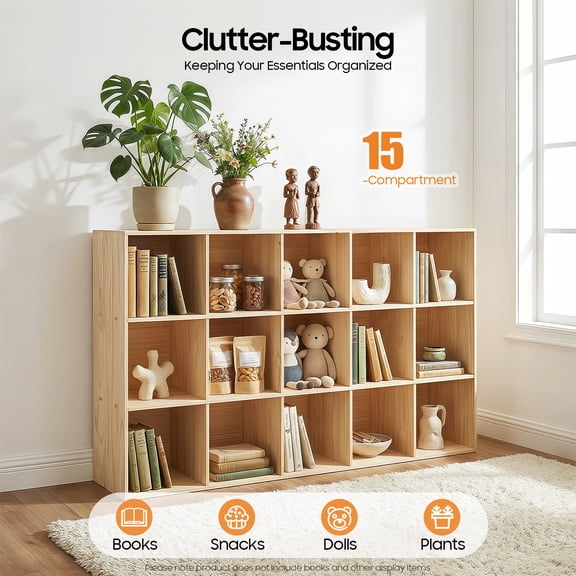 15-Compartment Solid Wood Bookcase Large Storage Floor Standing Log Color