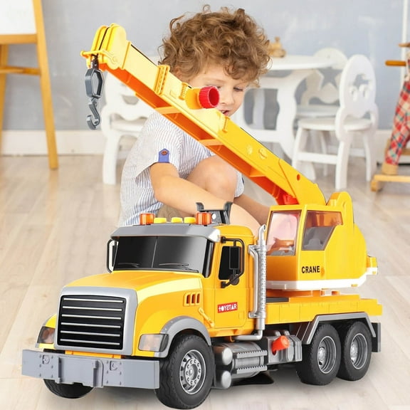15" Construction Crane Truck Toy With Lights & Sounds - Realistic Friction-powered Engineering Vehicle With Movable Arm & Working Headlights | STEM Educational Gift for Kids