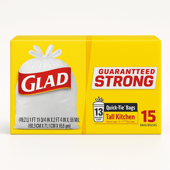 15 Count 13 Gallon Guaranteed Strong Tall Kitchen Quick-Tie Trash Bags  Glad