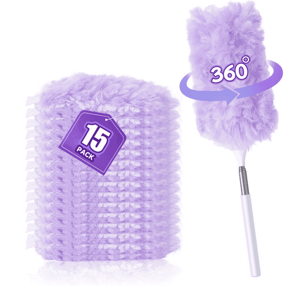JFengqi 15 Count Duster Refills for SwifferDuster, 5x Powerful Dust Remova Disposable Multisurface 360° Dusters with 1 Extension Pole Handle (Purple)