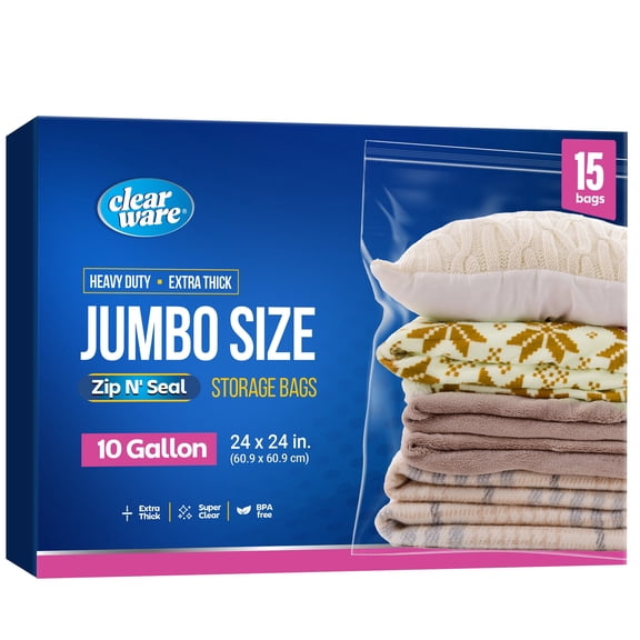 10 Gallon Size - Large Plastic Bags With Zipper Top, 15 count - 24" x 24", Extra Large Storage Bags, For Clothes, Travel, Moving, BPA-Free, Heavy Duty 3-Mil Thick