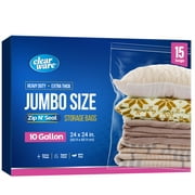 15 Count - Large Plastic Bags With Zipper Top, 10 Gallon Size 24" x 24", Extra Large Storage Bags, For Clothes, Travel, Moving, BPA-Free, Heavy Duty 3-Mil Thick