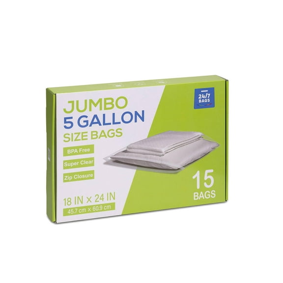 15 Count - X-Large Plastic Zip Bags, 5 Gallon Size (18" x 24"), Jumbo Storage Bags,3 Mils, Food-Contact Safe, BPA-Free, Ideal for Seasonal Items, Clothes, Moving, and Other Storage Needs, Clear