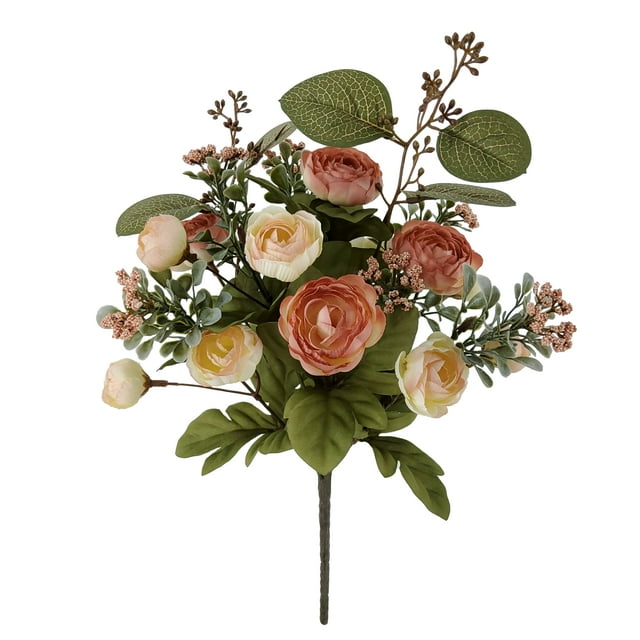 15" Cream Yellow & Light Pink Ranunculus & Rose Bush by Ashland